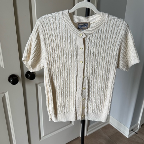 Vintage Sweaters - Vintage Cable Knit Short Sleeve Cardigan Ivory Button Front Size M USA Made